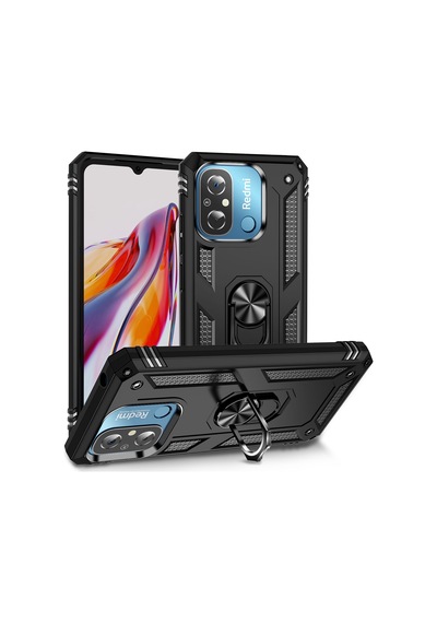 Xiaomi Redmi 12c Kılıf Kamera Koruyucu Manyetik Standlı Tank Koruma Heptek İletişim Siyah