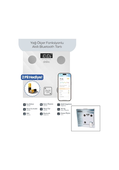 Sinbo Sbs-4472 Beyaz Yağ Ölçer Akıllı Bluetooth Cam Baskül Pilli 180kg/50gr 26x26cm 8-kişi Hafıza Lcd Ekran Gösterge 10