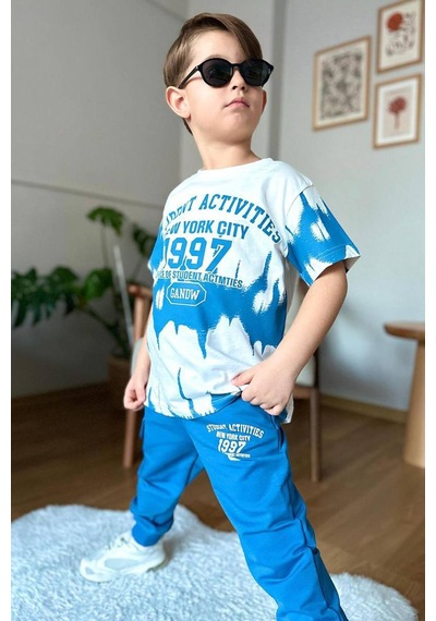 Riccotarz Erkek Çocuk New York City Ve Yazı Baskılı T-shirt Mavi Eşofman Takım