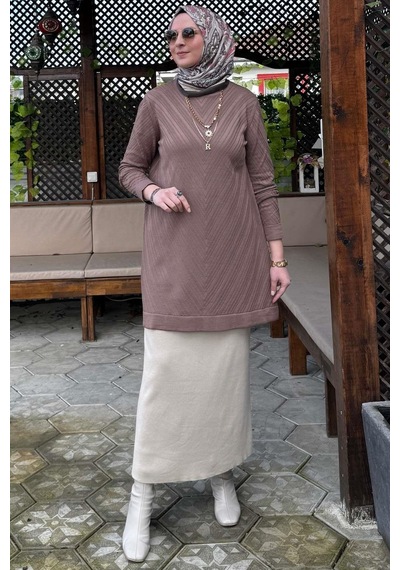 Rabia Şamlı Damla Triko Tunik Sütlü Kahve Çok Renkli