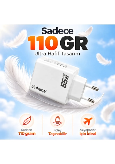Linkage Lkc-61 Gan 65w Hızlı Şarj Adaptörü - 3 Çıkışlı 2x Usb-c Pd + 1x Usb-a Akıllı Güç Dağıtımlı Laptop, Tablet Ve Telefon Şarj Cihazı, Beyaz