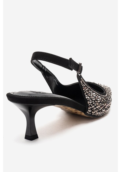 Luvishoes Thea Siyah Platin Taşlı Kadın Topuklu Ayakkabı Siyah