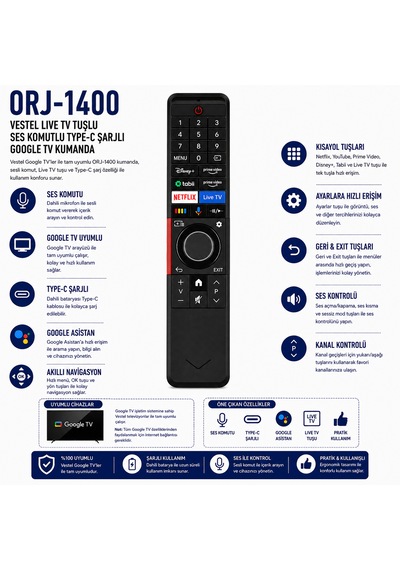 Vestel -1400 Type-c Ses Komutlu Google Tv Kumandası