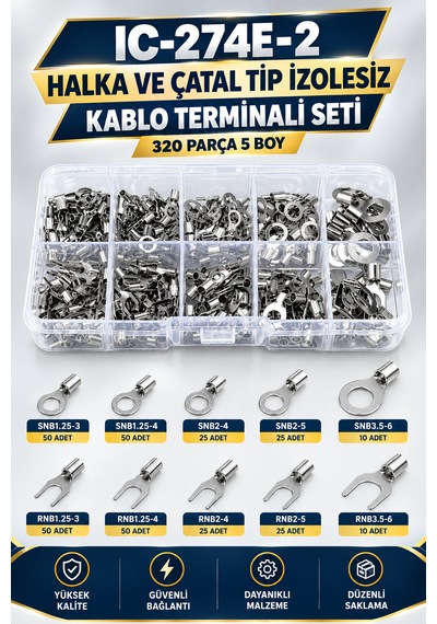 320 Parça 5 Boy İzolesiz Halka Ve Çatal Kablolu Terminali Seti