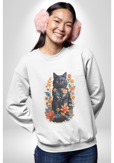 Çiçekli Siyah Kedi Etiket Unisex Beyaz Baskılı Sweatshirt Beyaz