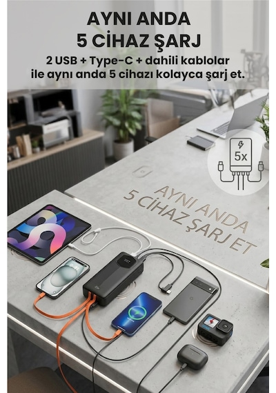 30.000 Mah Hızlı Şarj Powerbank 22.5 W Kendinden Kablolu Göstergeli Taşınabilir Batarya Siyah