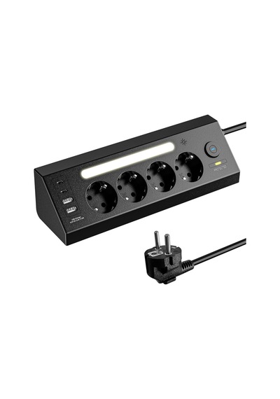 Akım Korumalı Çoklu Priz, 2 Adet Usb 2 Adet Type-c Girişi, 4 Adet Priz Girişi, Hızlı Telefon Şarjı, 2 Metre Kablo Uzunluğu, Masa Üstü Ve Gece Lambası Kullanımlı, Led Işıklı Çoklu Priz Şarj İstasyonu Siyah