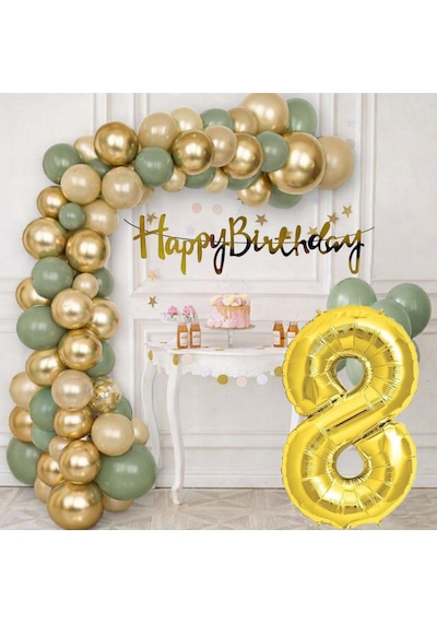 8 Yaş Pompa Hediyeli Doğum Günü Seti Gold Banner Krom Gold Küf Yeşili Kum Beji Balonlar Gold Folyo Rakam Çok Renkli
