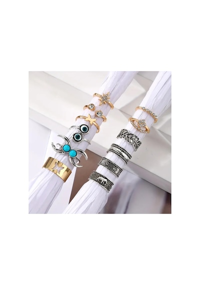 Morva 12 Adet Turkuaz Taşlı Vintage Çoklu Ayarlanabilir Gold Silver Ayak Parmak Yüzük Seti Altın