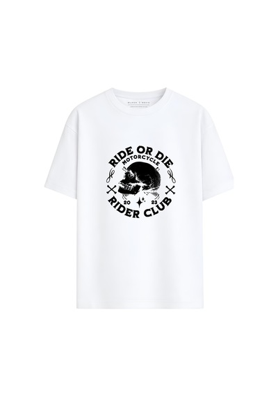 Black Nova Oversize Baskılı Unisex %100 Pamuk T-shirt Ride Or Die Beyaz