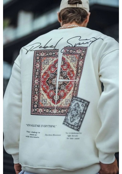 Erkek 3 İplik Pamuklu Bisiklet Yaka Baskılı Sweatshirt - Beyaz