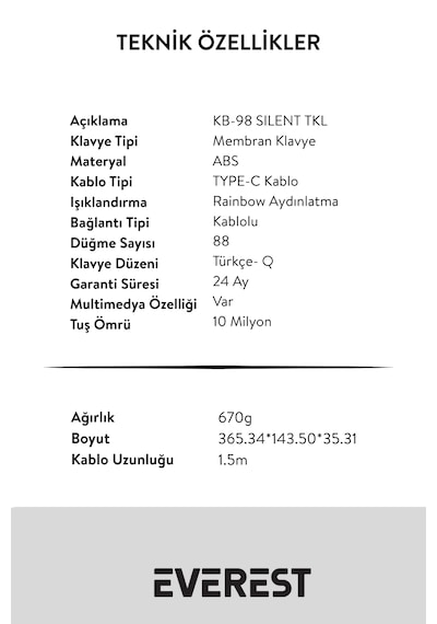 Everest Kb-98 Sılent Tkl Beyaz/gri Mavi Rainbow Q Membrane Klavye
