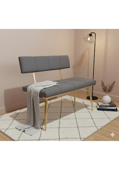 Özcan Metal Metal Ayaklı Sırtlı Gold Mutfak Salon Antre Yatak Odası Puf Bank Oturak Bench Gri
