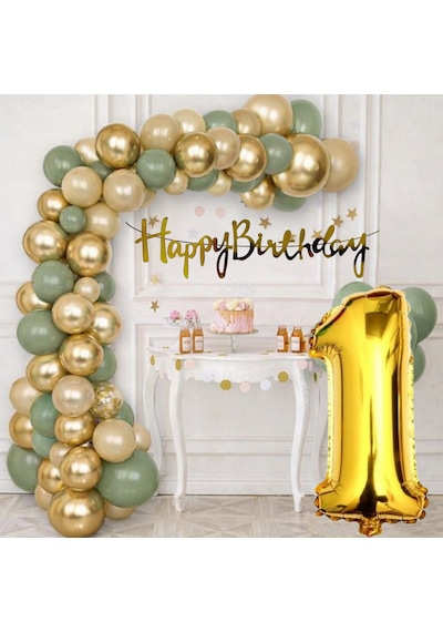 1 Yaş Pompa Hediyeli Doğum Günü Seti Gold Banner Krom Gold Küf Yeşili Kum Beji Balonlar Gold Folyo Rakam Çok Renkli