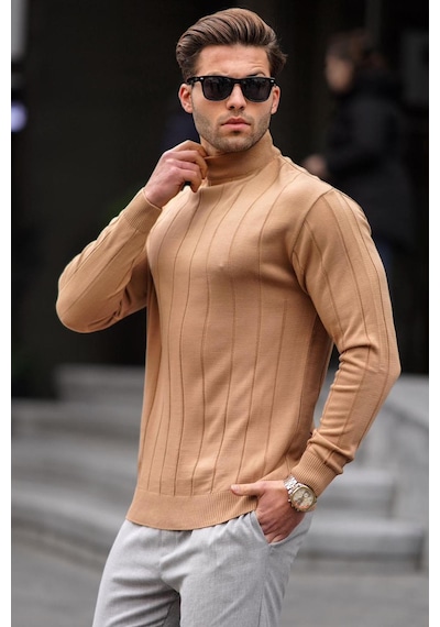 Madmext Bej Slim Fit Yarım Balıkçı Yaka Çizgili Tüylenmeyen Erkek Triko Kazak 6344 Bej