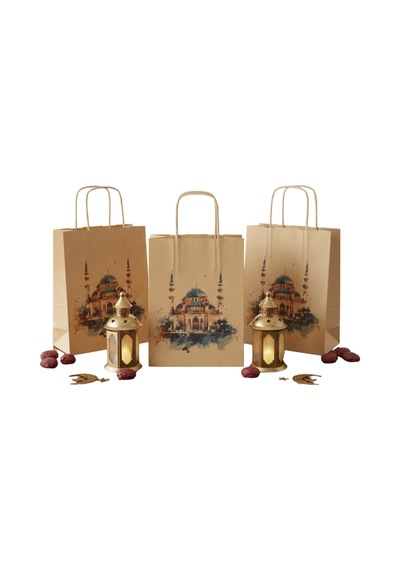Ramazan Hediyelik Paketleme Çantası, 3lü Paket, Cami Tasarımlı Kraft Kağıt Çanta Seti, 8x18x23 Cm