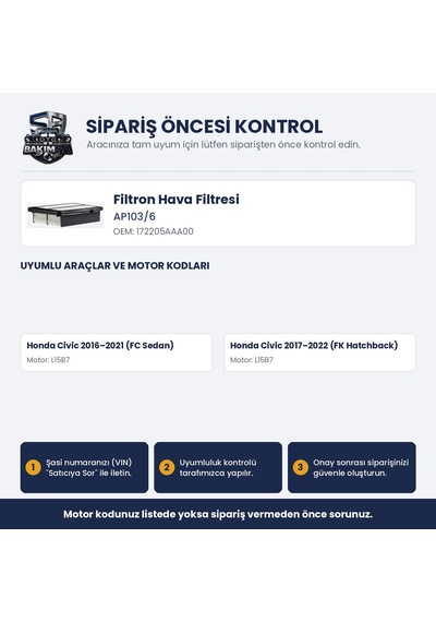 Filtron Ap103/6 Hava Filtresi - Honda Civic Rs 1.5 Vtec 182ps Turbo 16+ Fc