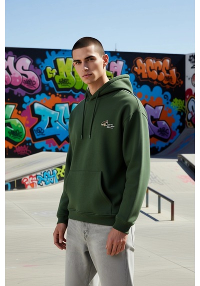 Benerly Erkek Kapüşonlu Düşük Kol Sweatshirt Slogan Nakışlı Fonksiyonel D Haki