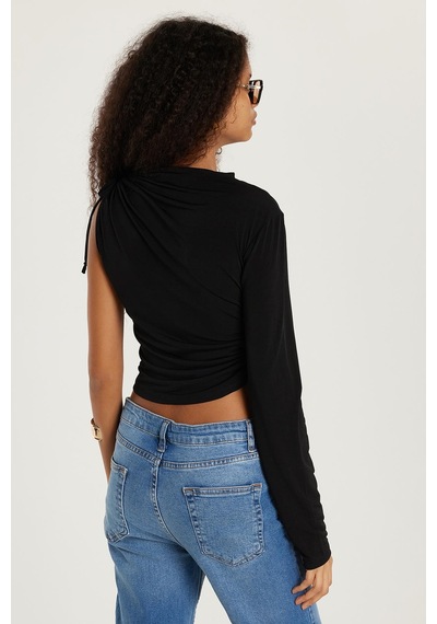 Tudors Kadın Slim Fit Dar Kesim Tek Kollu Yandan Bağcık Detaylı Siyah Bluz-33454 Siyah