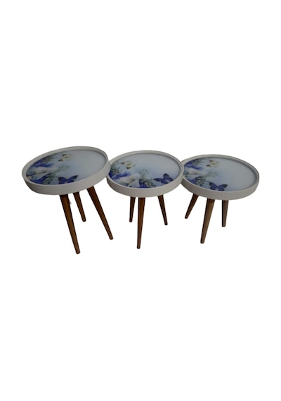 Zigon Sehpa Çember Mavi Kelebek Model Kayın Retro Parlak Ceviz 3