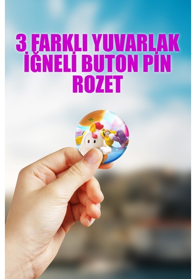 Fall Guys Video Oyun Çanta Süsü İğneli Buton Rozet Seti 3 Adet Üçlü