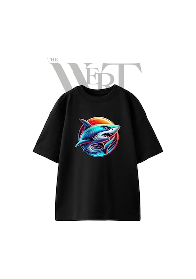 Thewert Shark Logo Tasarım Baskılı Ünisex Siyah Oversize T-shirt