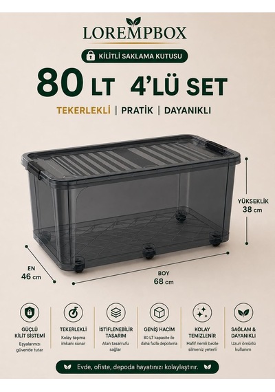 Lorempbox 80 Lt Büyük Boy Saklama Kutusu 4'lü Set Antrasit Diğer