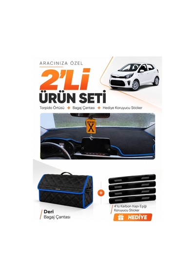 E-biz Kia Picanto 2017-2025 Uyumlu Torpido Örtüsü + Deri Bagaj Çantası Seti - Siyah-mavi - Kı010