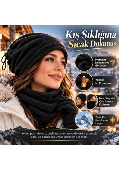 Genel Unisex Premium Polar Bere Boyunluk 2 Adet Set 2'si 1 Arada Sıcak Tutan R Siyah / Standart / 2 Adet
