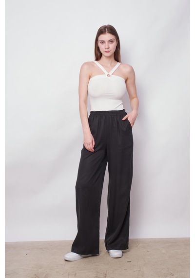 JUMENT %100 Iyocell Akıcı Şık Kumaş Yüksek Bel Beli Lastikli Yan Cepli Bol Paça Pantolon -siyah JUMENT %100 Iyocell Akıcı Şık Kumaş Yüksek Bel Beli Lastikli Yan Cepli Bol Paça Pantolon -siyah