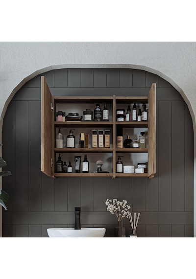 Banyo Dolabı Kulpsuz 2 Kapaklı Mdf 75 Cm Aynalı Banyo Dolabı Atl Atlantik Çam
