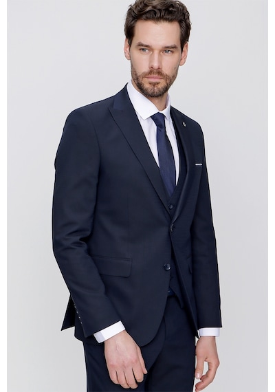 Morven Lacivert Yelekli Jakarlı Slim Fit Dar Kesim 6 Drop Erkek Takım Elbise Lacivert