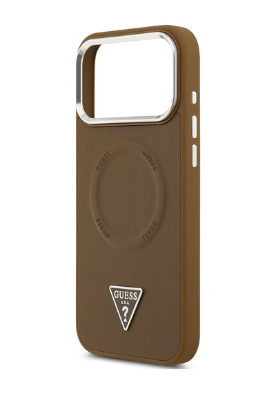 Apple Uyumlu iPhone 17 Pro Kılıf Guess Lisanslı M-safeli Pu Deri Metal Kamera Çerçeve Üçgen Logo Kapak Kahverengi Kahverengi
