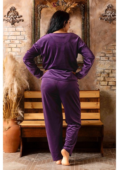 Nisanca Büyük Beden Kadife Kadın Pijama Takımı - Süper Soft Kadife Mor