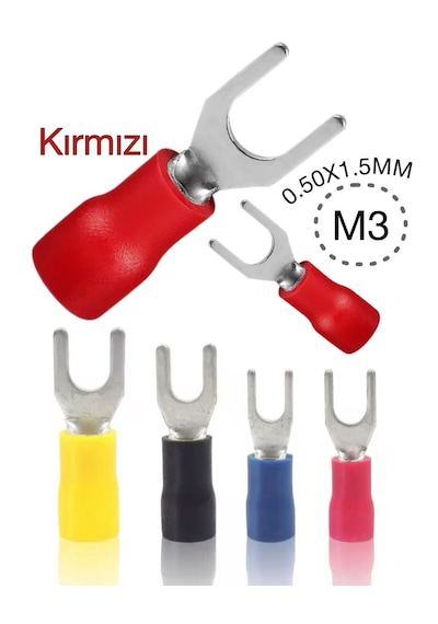 İzoleli Çatal Kablo Pabucu 0.5x1.5mm M3 Kırmızı 100 Adet