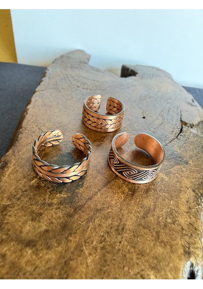 %100 Saf Bakır 3lü Yüzük Ayarlanabilir Ölçü El İşi Bakır Yüzük Kombini Antra Melanj