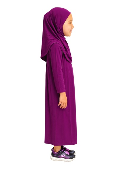 Bilenler Penye Kendinden Başörtülü Çocuk Namaz Elbisesi Mor/ 6-7-8 Yaş Mor