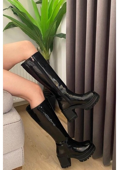Asmi Shoes Kadın Fenni Siyah Rugan 8 Cm Topuklu Yandan Fermuarlı Çizme Siyah Rugan Siyah