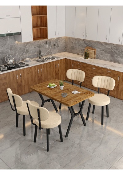 Azra 70x110cm Atlantik Mutfak Masası, Mutfak Masası Takımı, Yemek Masası, 4 Krem Sandalye Krem