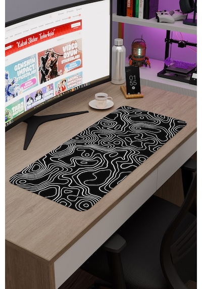 Siyah Beyaz 70x30 Xl Taraftar Gaming Oyuncu Mouse Pad Kaymaz Taban Büyük Fare Altlığı Topography
