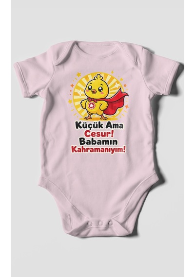 Morivokids Küçük Ama Cesur Babamın Kahramanıyım Kısa Kollu Bebek Body %100 Pamuk Bebe Pembe