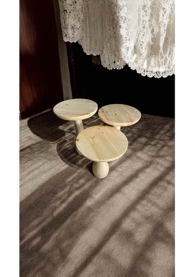 Ahşap Mantar Sehpa 3 Lü Set Naturel Renk Masif Doğal Zigon Ve Fiskos Takımı - Wooden Side Table Naturel