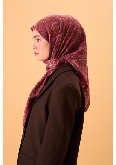 Silk Home Viskon Karışımlı Velora Eşarp Mürdüm-vizon Yeşil Gümüş Pembe Desenli Tok Duruşlu 90x90 Çok Renkli
