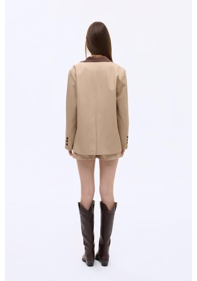 Quzu 00823 Kontrast Yaka Mendil Garnili Oversize Kadın Blazer Ceket Bej