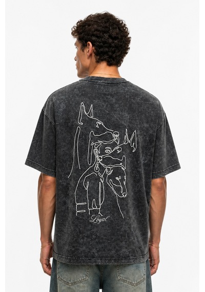 Respire Erkek Nakış Detaylı Yıkamalı Oversize T-shirt Siyah