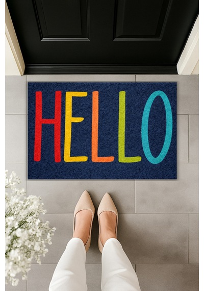 Rugmood Modern Dijital Baskı - Popüler Renkli Welcome - Kapı Önü Paspası Lacivert