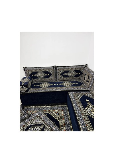 40 Cm Kalın Süngerli Lacivert Yahyalı Şark Köşesi - Kilim Desenli L Yer Minderi Seti