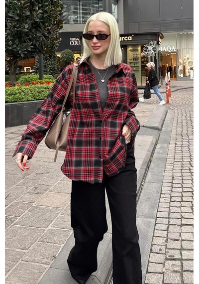 Madmext Kırmızı Oversize Ekose Desenli Kadın Gömlek Mg2589 Kırmızı