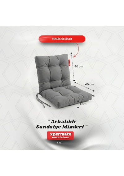 Pofuduk Arkalıklı Sandalye Minderi Bağcıklı Yıkanabilir Dekoratif Minder Gri