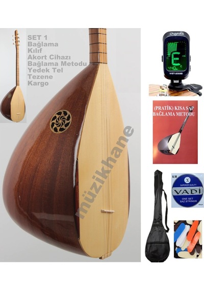 Kısa Sap Bağlama Seti - Bağlama Akort Cihazı Kılıf Metot Yedek Tel ve Tezene